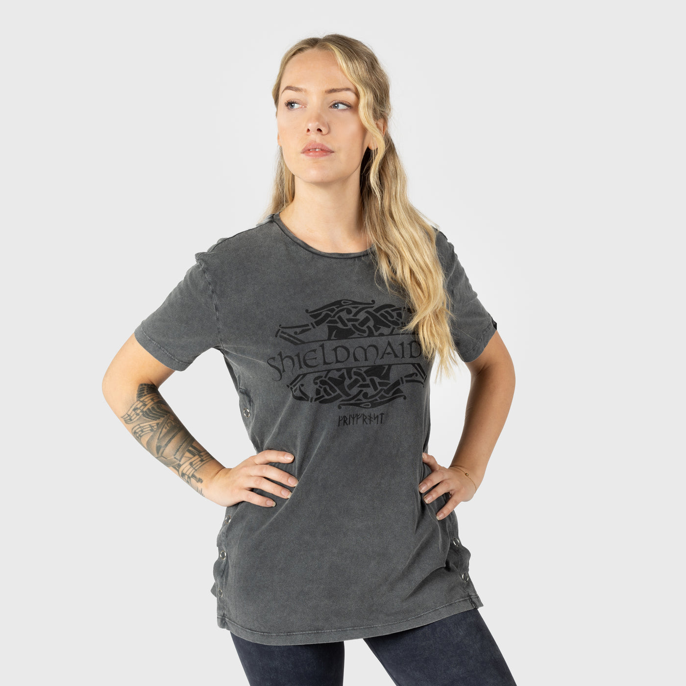 Damen Side Snap Tee, Shieldmaiden, Washed Grey