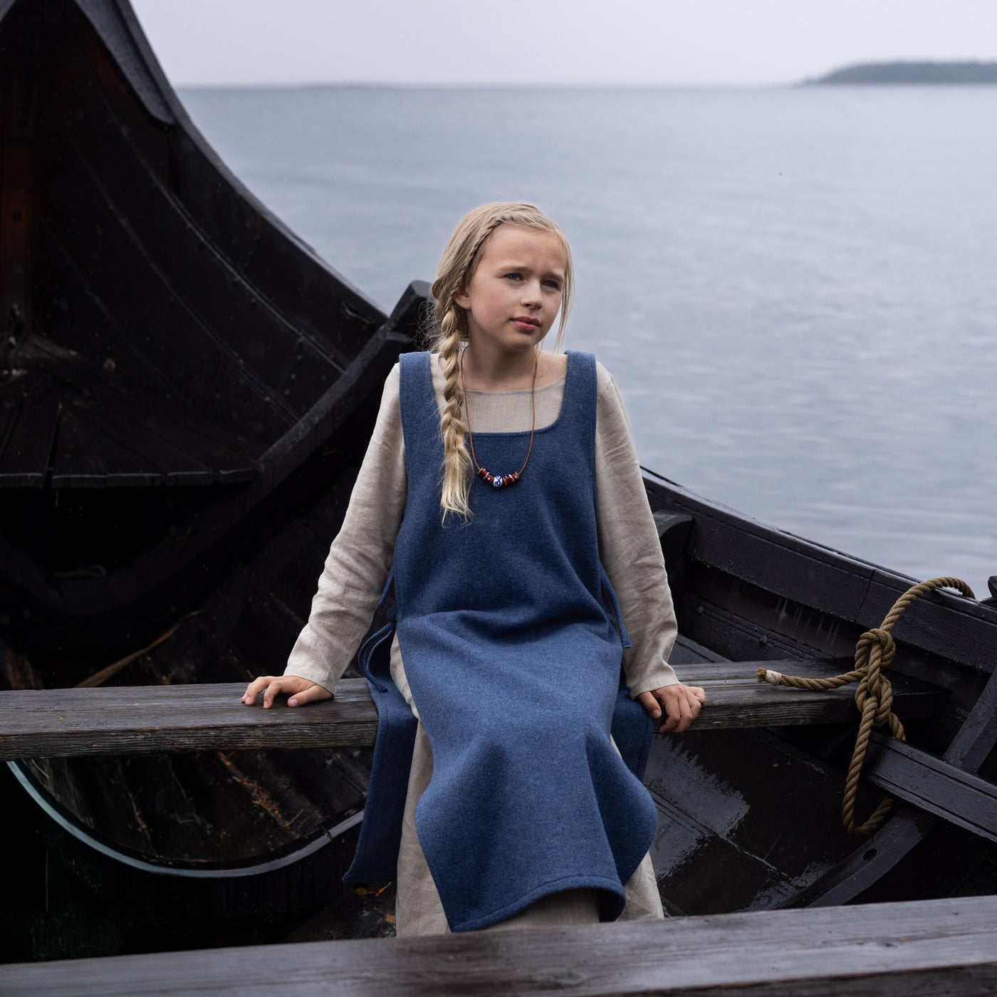 Kids Apron Dress, Natural / Blue Apron