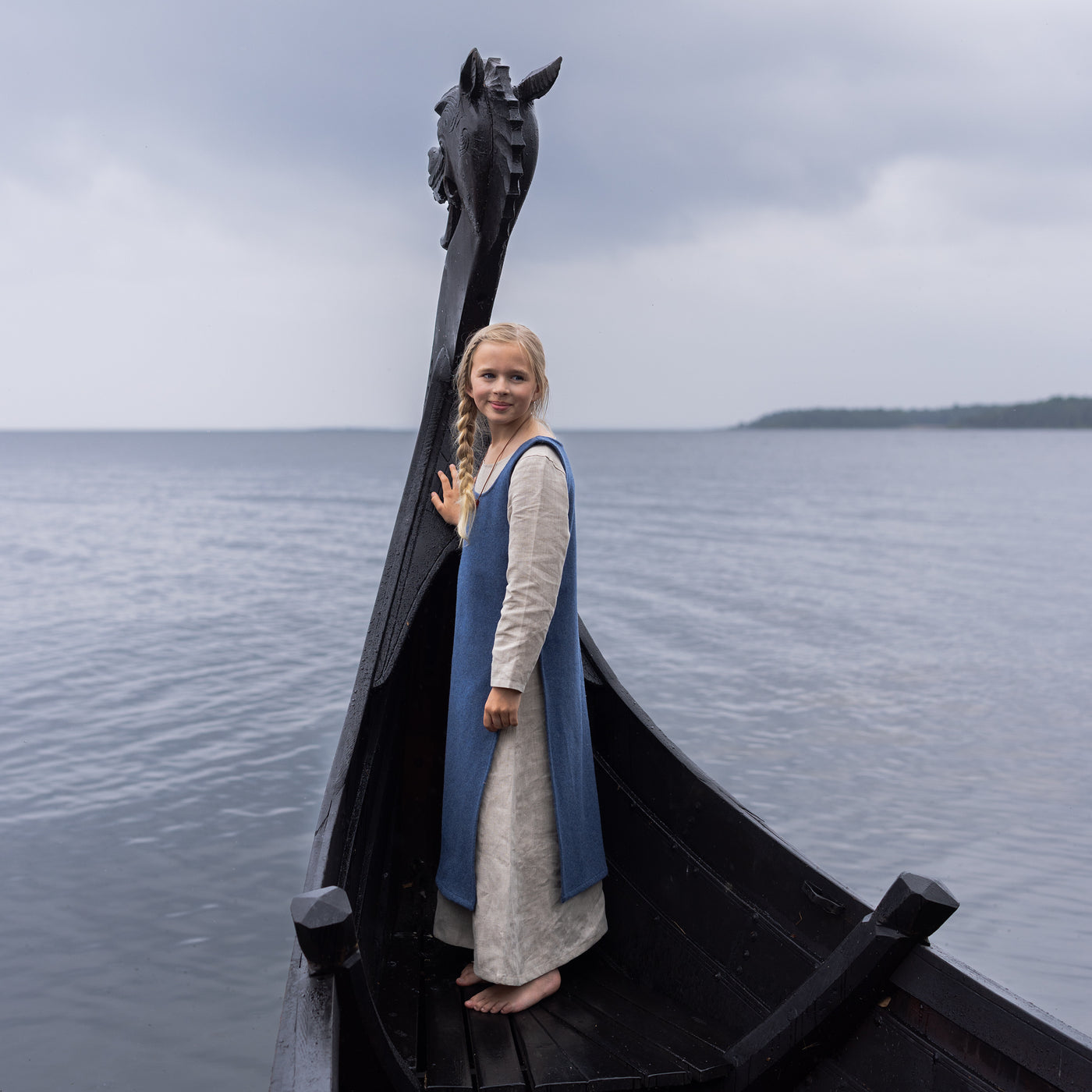 Kids Apron Dress, Natural / Blue Apron