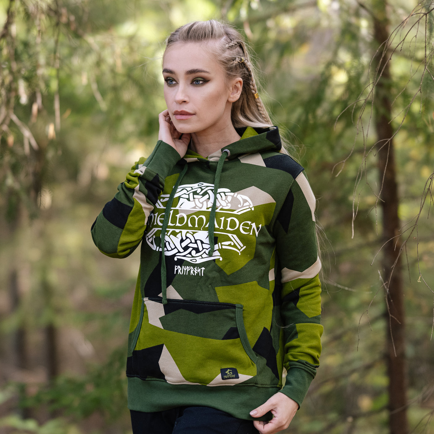 Damen Premium Hoodie, Shieldmaiden, M90 Grün Camo