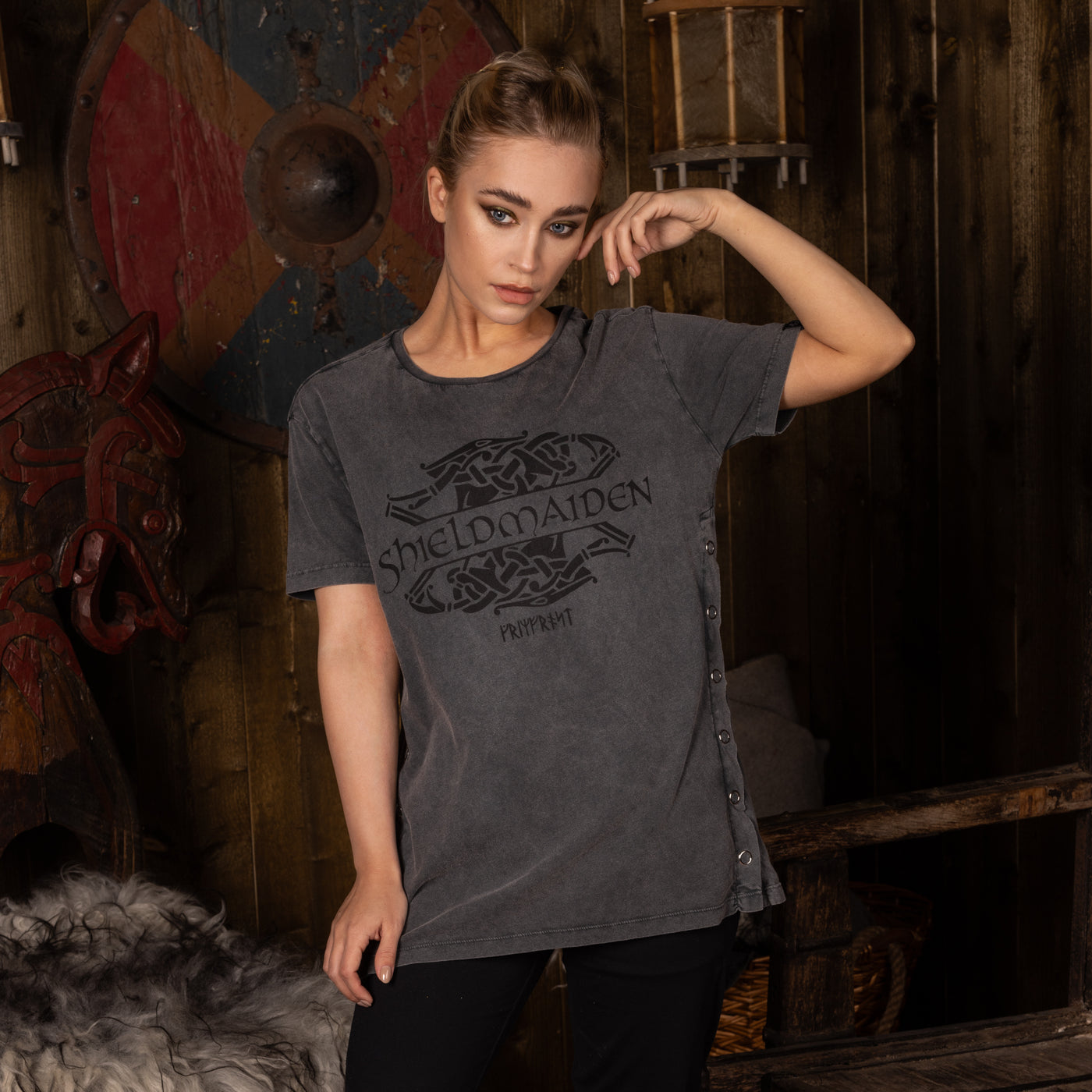 Damen Side Snap Tee, Shieldmaiden, Washed Grey