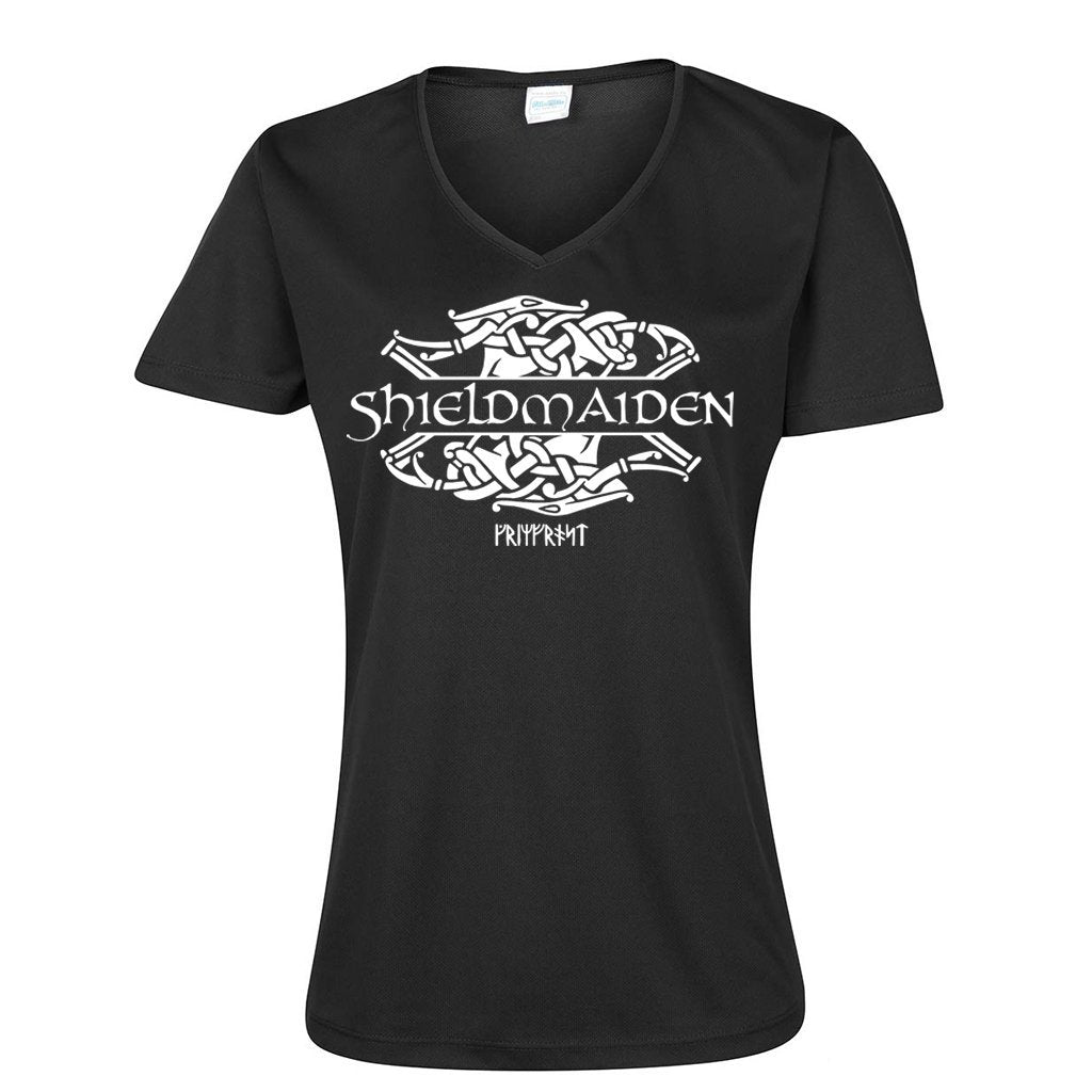 Shortsleeves - V-neck Tee, Shieldmaiden, Black - Grimfrost.com