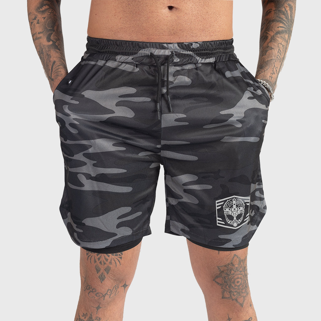 Gym Shorts, Clan Helmet, Black Camo