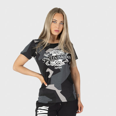 Damen Premium Tee, Shieldmaiden, M90 Grau Camo